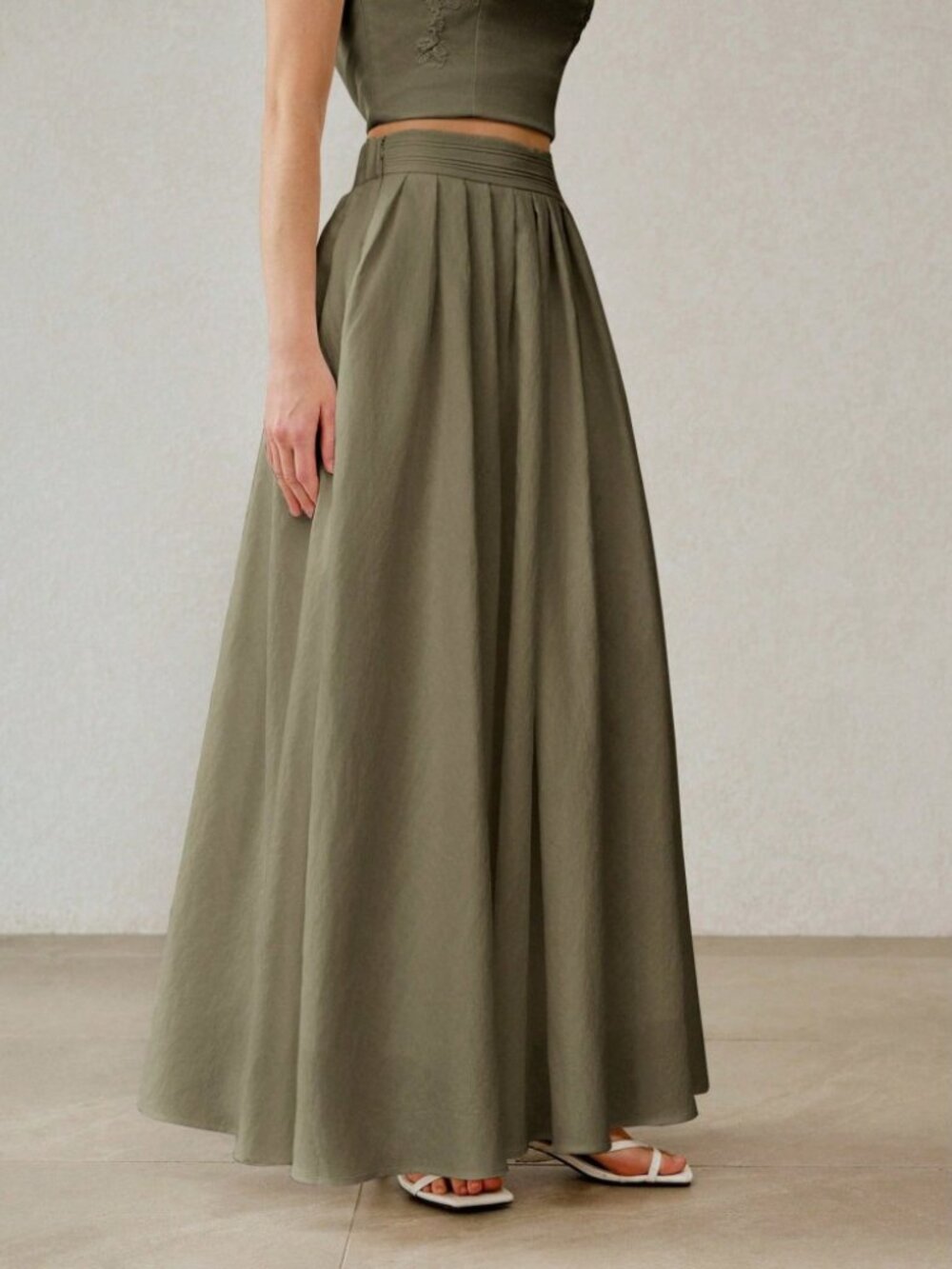 Olive Green Pleated Waist Flowy A-Line Maxi Skirt
